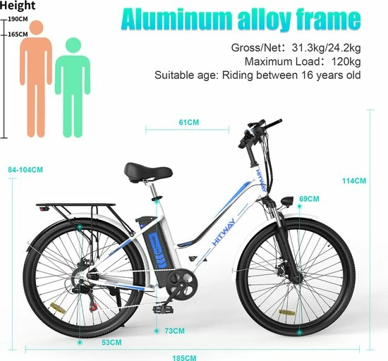 Korting 🎁 Hitway Elektrische Fiets | E-bike Damesfiets | 26 Inch | 250W Motor | Wit ❤️ 7 Korting 🎁 Hitway Elektrische Fiets | E-bike Damesfiets | 26 Inch | 250W Motor | Wit ❤️ - Afbeelding 5